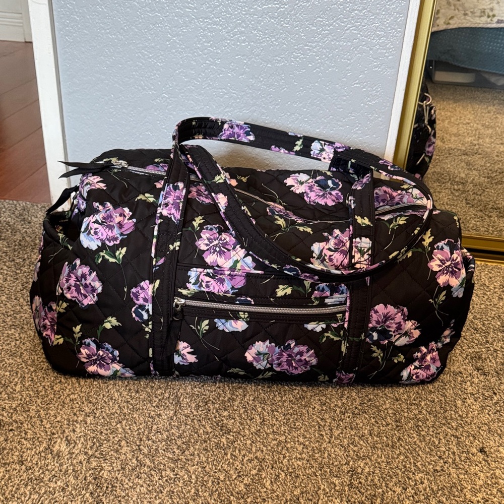Vera Bradley Floral Travel Duffel Bag - Black with Purple Flowers